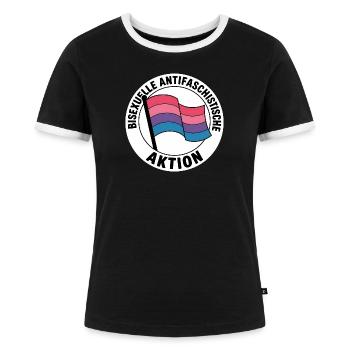 Bisexuelle Aktion - Antifa Pride Badge - Frauen Kontrast-T-Shirt - Schwarz/Weiß - Vorne - Selfina (174cm)