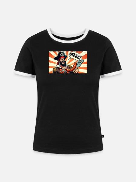 Pirat mit Wurstgrill - Frauen Kontrast-T-Shirt - Schwarz/Weiß
