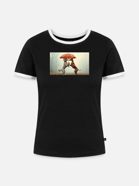 Hunde unter Regenschirm - Frauen Kontrast-T-Shirt - Schwarz/Weiß