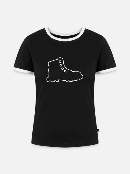 Wanderschuh - weiße Kontur - Frauen Kontrast-T-Shirt - Schwarz/Weiß