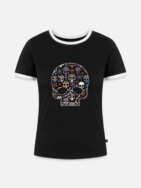 Buntes dekoratives Skullmuster - Frauen Kontrast-T-Shirt - Schwarz/Weiß