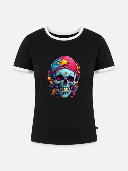 Dekorativer bunter Skull - Frauen Kontrast-T-Shirt - Schwarz/Weiß