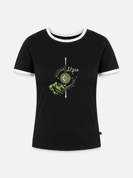 Alpen,Berge,illustration,Kompass - Frauen Kontrast-T-Shirt - Schwarz/Weiß