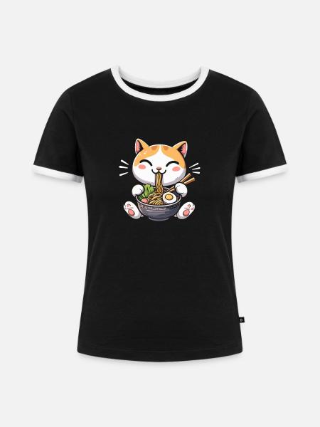 Anime Katze Ramen - Frauen Kontrast-T-Shirt - Schwarz/Weiß