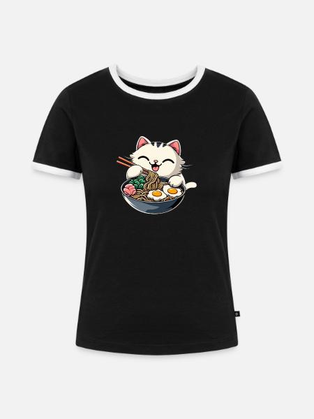 Anime Katze Ramen - Frauen Kontrast-T-Shirt - Schwarz/Weiß