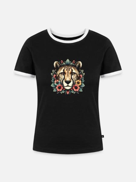 Cheetah Gepard Blumen - Frauen Kontrast-T-Shirt - Schwarz/Weiß