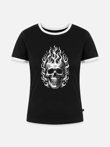 Skull mit Flammen brennender Skull - Frauen Kontrast-T-Shirt - Schwarz/Weiß