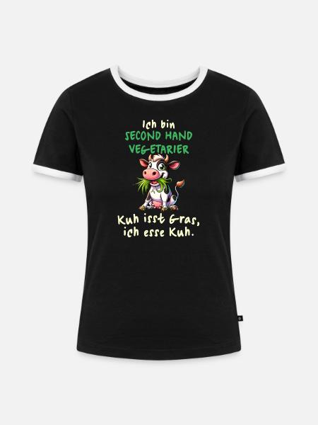 Second Hand Vegetarier – Lustiges Kuh-Design - Frauen Kontrast-T-Shirt - Schwarz/Weiß