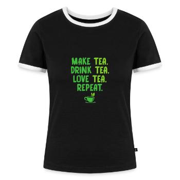 Make Tea Drink Tea Love Tea Repeat Tea Drinker Bre - Frauen Kontrast-T-Shirt - Schwarz/Weiß - Vorne - Selfina (174cm)