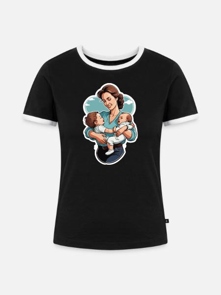 Liebevolle Mutter mit Zwillingsbabys - Frauen Kontrast-T-Shirt - Schwarz/Weiß
