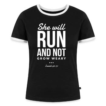 Christliches Design Bibelverslauf Nicht müde werden - Frauen Kontrast-T-Shirt - Schwarz/Weiß - Vorne - Selfina (174cm)