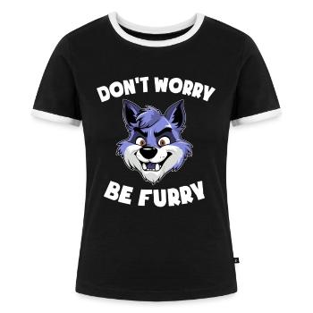 Furry Design - Don’t Worry be Furry - Wolf - Frauen Kontrast-T-Shirt - Schwarz/Weiß - Vorne - Selfina (174cm)