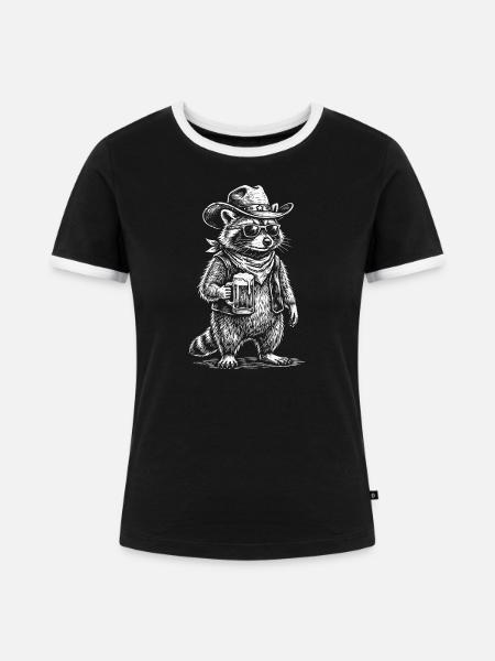 Cowboy Bier Lustiger Waschbär - Frauen Kontrast-T-Shirt - Schwarz/Weiß