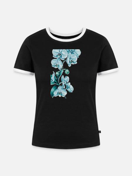 Blau Orchideen Druck - Frauen Kontrast-T-Shirt - Schwarz/Weiß
