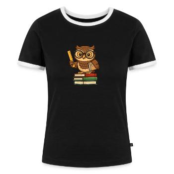 Eule als Lehrer – Lustiges Lehrer-Shirt - Frauen Kontrast-T-Shirt - Schwarz/Weiß - Vorne - Selfina (174cm)