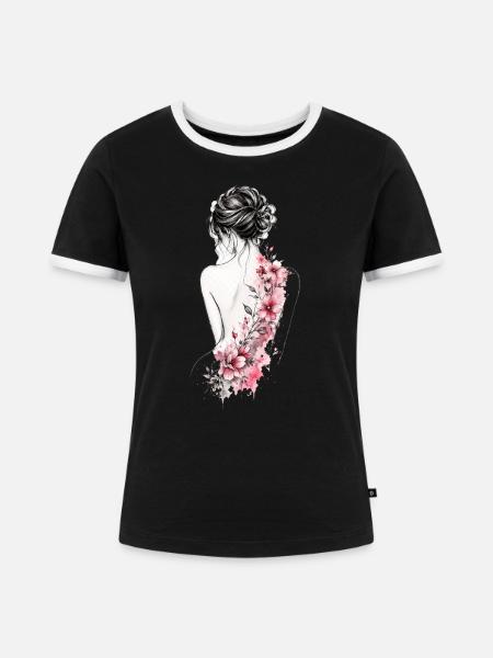 Frauenrücken mit Blütenlinie - Frauen Kontrast-T-Shirt - Schwarz/Weiß