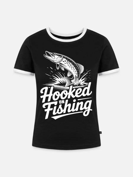 Hooked on Fishing - Frauen Kontrast-T-Shirt - Schwarz/Weiß
