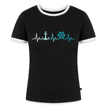 Retro Bootfahren Herzschlag Anker Kapitaen - Frauen Kontrast-T-Shirt - Schwarz/Weiß - Vorne - Selfina (174cm)