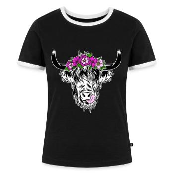 schottischer Hochländer Hochland Rind Highland Kuh - Frauen Kontrast-T-Shirt - Schwarz/Weiß - Vorne - Selfina (174cm)