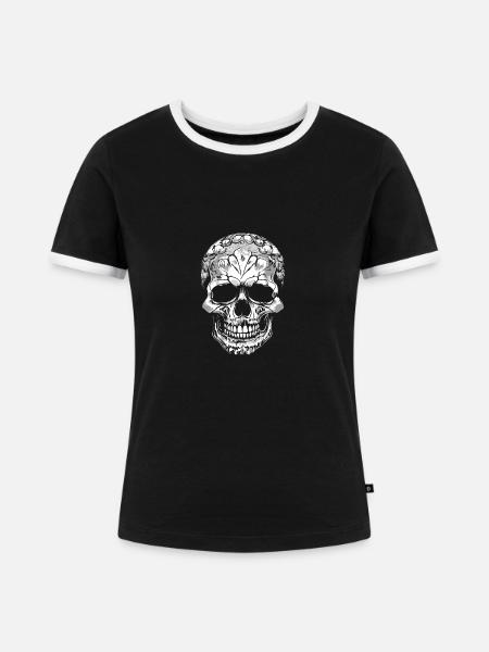 dekorativer Schädel in schwarzweiss - Frauen Kontrast-T-Shirt - Schwarz/Weiß