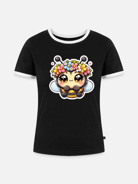 Biene mit Blumenkranz - Frauen Kontrast-T-Shirt - Schwarz/Weiß