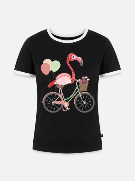 Flamingo auf Fahrrad - Frauen Kontrast-T-Shirt - Schwarz/Weiß