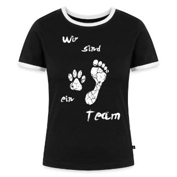 Wir sind ein Team, Hund,Hundeliebe, Hundeliebhaber - Frauen Kontrast-T-Shirt - Schwarz/Weiß - Vorne - Selfina (174cm)