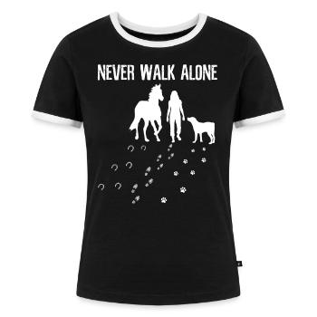 Never Walk Alone Hund Pferd Reiter Ausreiten - Frauen Kontrast-T-Shirt - Schwarz/Weiß - Vorne - Selfina (174cm)