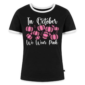 Im Oktober tragen wir Pink Breast Cancer Awareness - Frauen Kontrast-T-Shirt - Schwarz/Weiß - Vorne - Selfina (174cm)