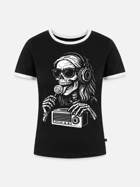 Skeleton-DJ Radio Black White - Frauen Kontrast-T-Shirt - Schwarz/Weiß