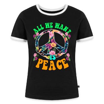 Peace Friedens Anti Krieg | Buntes Design - Frauen Kontrast-T-Shirt - Schwarz/Weiß - Vorne - Selfina (174cm)