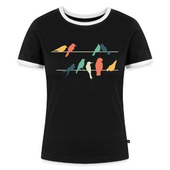 Bunte Vögel auf Drähten sitzend Niedlich Vogel - Frauen Kontrast-T-Shirt - Schwarz/Weiß - Vorne - Selfina (174cm)