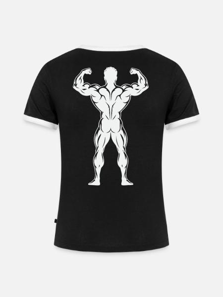Rückenprint: Bodybuilder-Trainings, - Frauen Kontrast-T-Shirt - Schwarz/Weiß