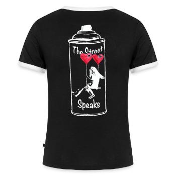 The Street Speaks – Love Street Art Spray Can Desi - Frauen Kontrast-T-Shirt - Schwarz/Weiß - Hinten - Selfina (174cm)
