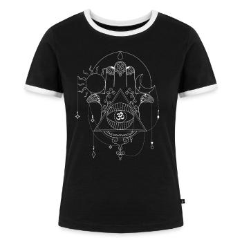 Boeddhisme en yoga Hamsahand met ornamenten om - Vrouwen contrastshirt - zwart/wit - Voor - Selfina (174cm)