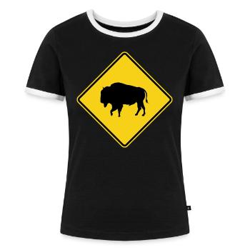 Bison Warning Sign - Women's Ringer T-Shirt - black/white - Front - Selfina (174cm)