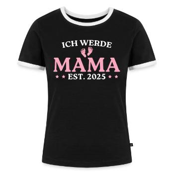 Ich werde Mama 2025 Werdende Mutter - Frauen Kontrast-T-Shirt - Schwarz/Weiß - Vorne - Selfina (174cm)