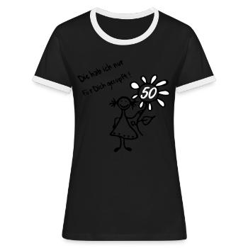 Geburtstag Birthday 50. - Strichmännchen Blume - Frauen Kontrast-T-Shirt - Schwarz/Weiß - Vorne - Selfina (174cm)