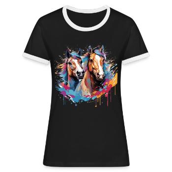 Heste, heste - Dame kontrast-T-shirt - sort/hvid - Foran - Selfina (174cm)