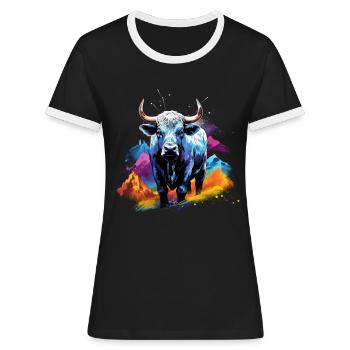 Eringer, Schweizer Eringerkuh - Frauen Kontrast-T-Shirt - Schwarz/Weiß - Vorne - Selfina (174cm)