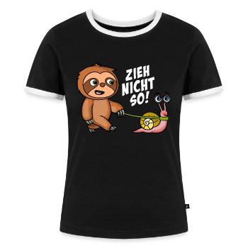 Zieh nicht so Faultier + Schnecke Schwarze Shirts - Frauen Kontrast-T-Shirt - Schwarz/Weiß - Vorne - Selfina (174cm)