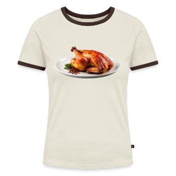 Ein gebratener Dino auf dem Teller - Frauen Kontrast-T-Shirt - Blau/Weiß - Vorne