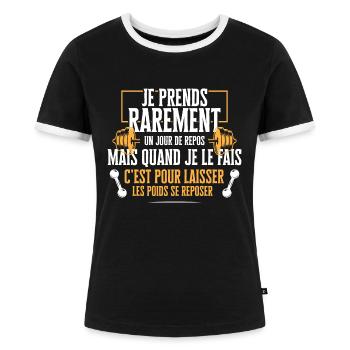 "Jour de repos - muscu" t-shirt humour musculation - T-shirt contrasté Femme - noir/blanc - Devant - Selfina (174cm)
