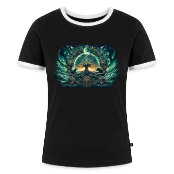 Mystischer Lebensbaum mit Wölfen und Nordlichtern - Frauen Kontrast-T-Shirt - Schwarz/Weiß - Vorne - Selfina (174cm)