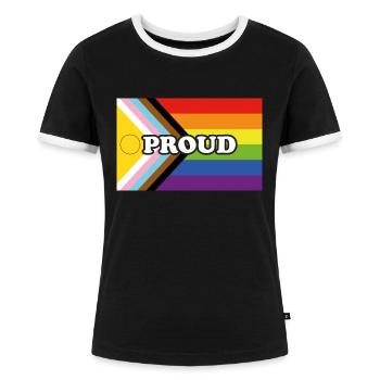 Inclusive Pride Progress Flag PROUD - Women's Ringer T-Shirt - black/white - Front - Selfina (174cm)