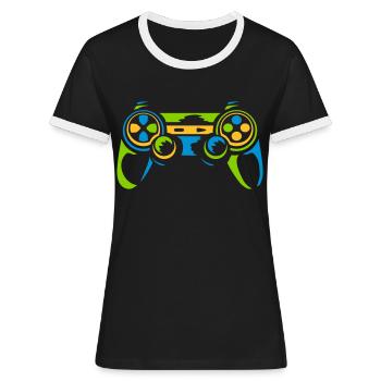 Colorful Controller Retro Console - Women's Ringer T-Shirt - black/white - Front - Selfina (174cm)