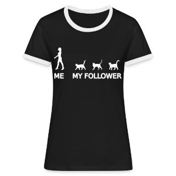 Frau mit Katzen Followern lustiger Katze Spruch - Frauen Kontrast-T-Shirt - Schwarz/Weiß - Vorne - Selfina (174cm)