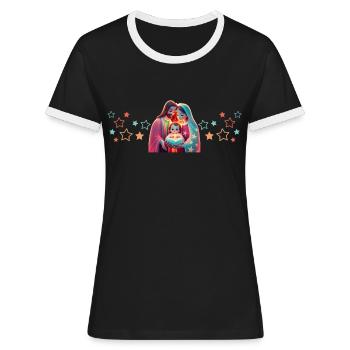 Jésus, Marie et Joseph. Noël chrétien. Paix et Amour - T-shirt contrasté Femme - noir/blanc - Devant - Selfina (174cm)