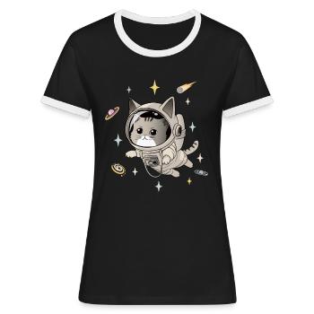 Astronautenkatze im All - Frauen Kontrast-T-Shirt - Schwarz/Weiß - Vorne - Selfina (174cm)