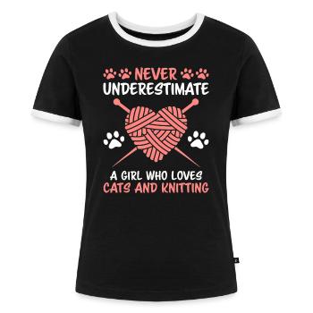 Stricken Spruch Katzeb Lustiges Stricken Geschenk - Frauen Kontrast-T-Shirt - Schwarz/Weiß - Vorne - Selfina (174cm)